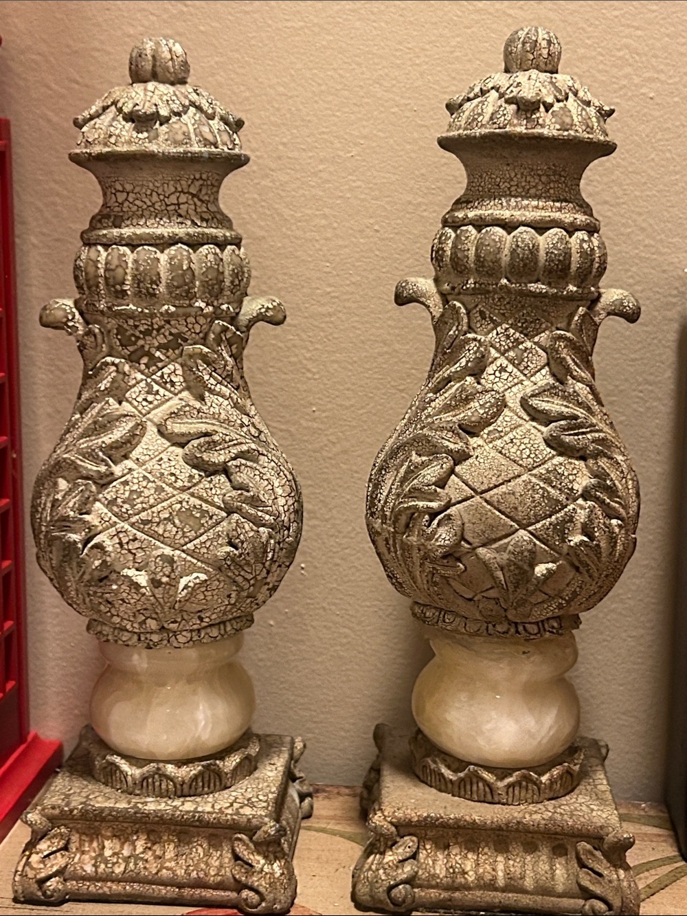 Vintage Pair of Ornate Cream and Gold Decorative Vases